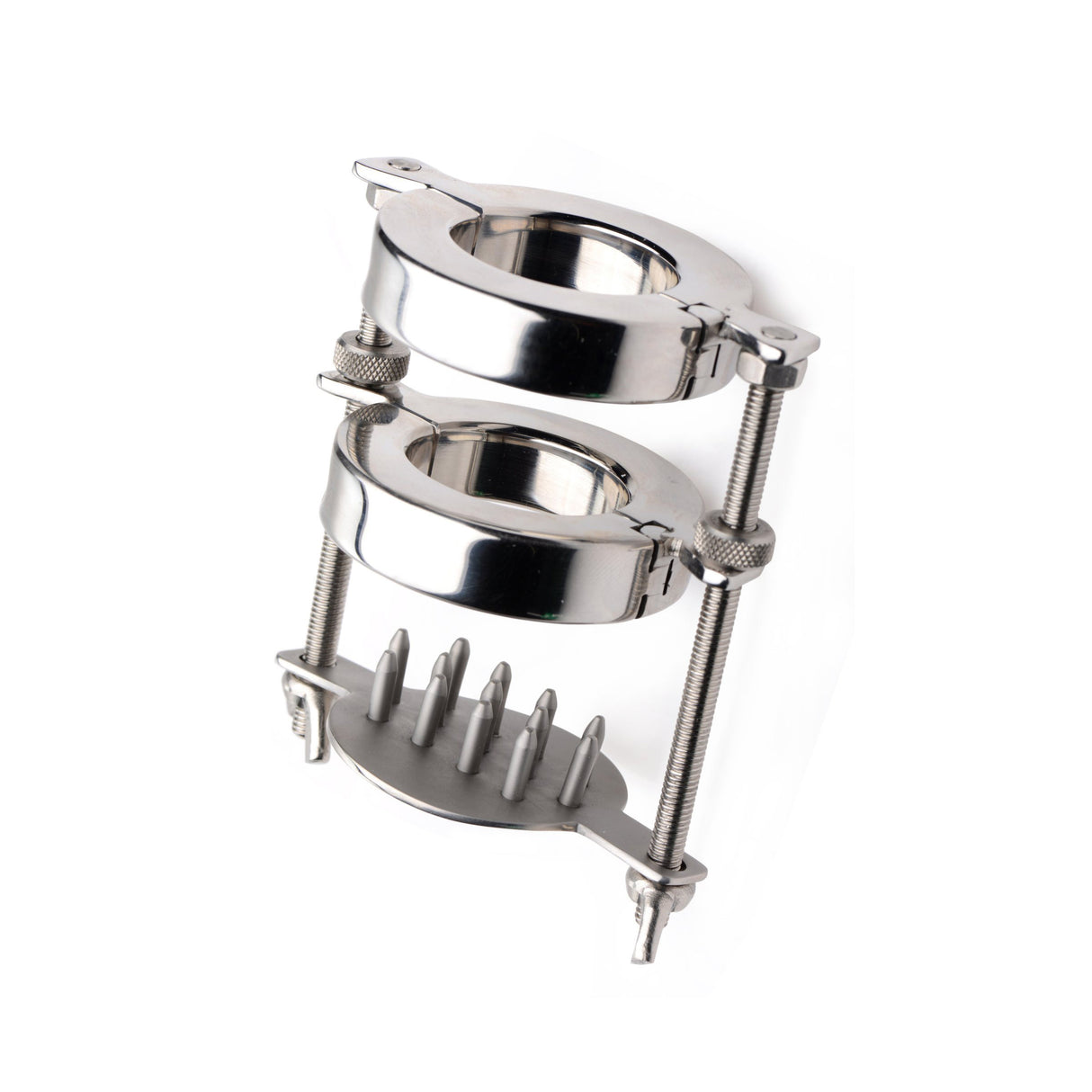 Heavyweight stainless steel dual-ring ball stretcher with threaded shanks and spike plate - BDSM Authority