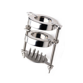 Heavyweight stainless steel dual-ring ball stretcher with threaded shanks and spike plate - BDSM Authority