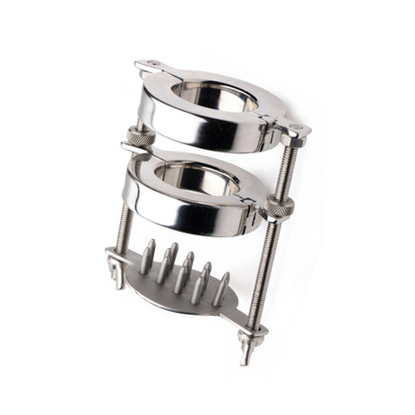 Heavyweight stainless steel dual-ring ball stretcher with threaded shanks and spike plate - BDSM Authority