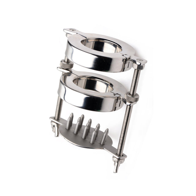 Heavyweight stainless steel dual-ring ball stretcher with threaded shanks and spike plate - BDSM Authority