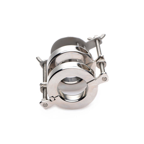 Top-down view of the stacked stainless steel ball stretcher rings - BDSM Authority