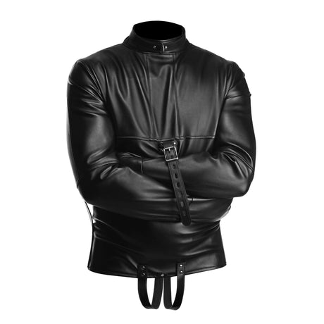 STRICT leather straight jacket front view on model - BDSM Authority