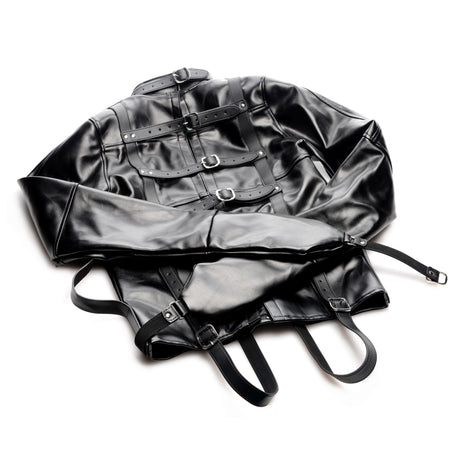 Back of the straight jacket showing the five tightening buckles - BDSM Authority
