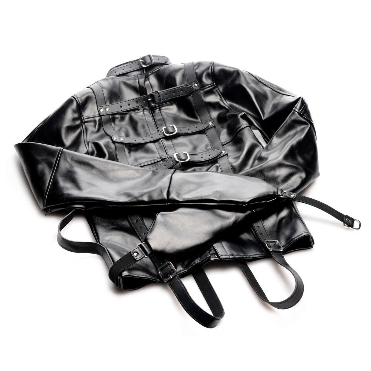 Back of the straight jacket showing the five tightening buckles - BDSM Authority