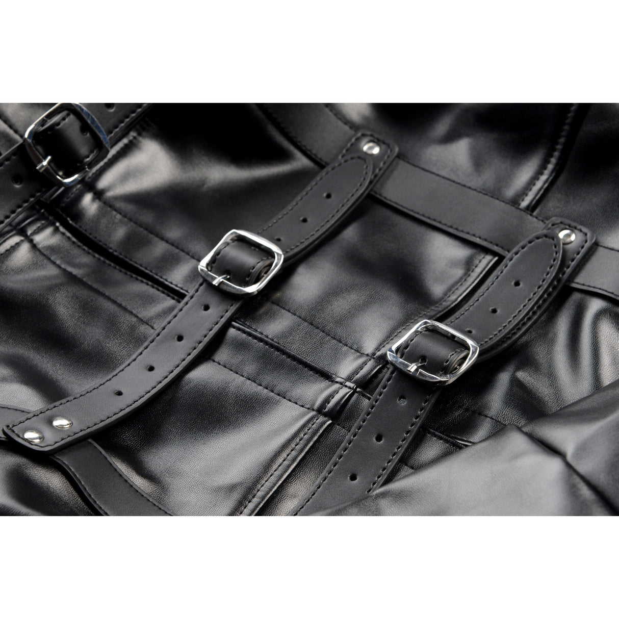 Detail of the straight jacket buckles, collar O-ring, and crotch straps - BDSM Authority