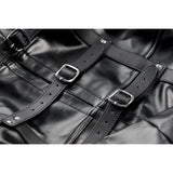Detail of the straight jacket buckles, collar O-ring, and crotch straps - BDSM Authority