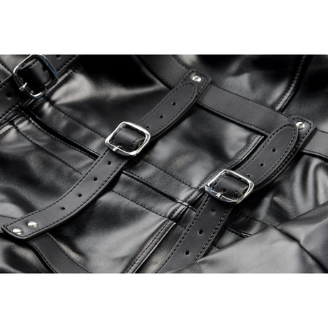 Detail of the straight jacket buckles, collar O-ring, and crotch straps - BDSM Authority