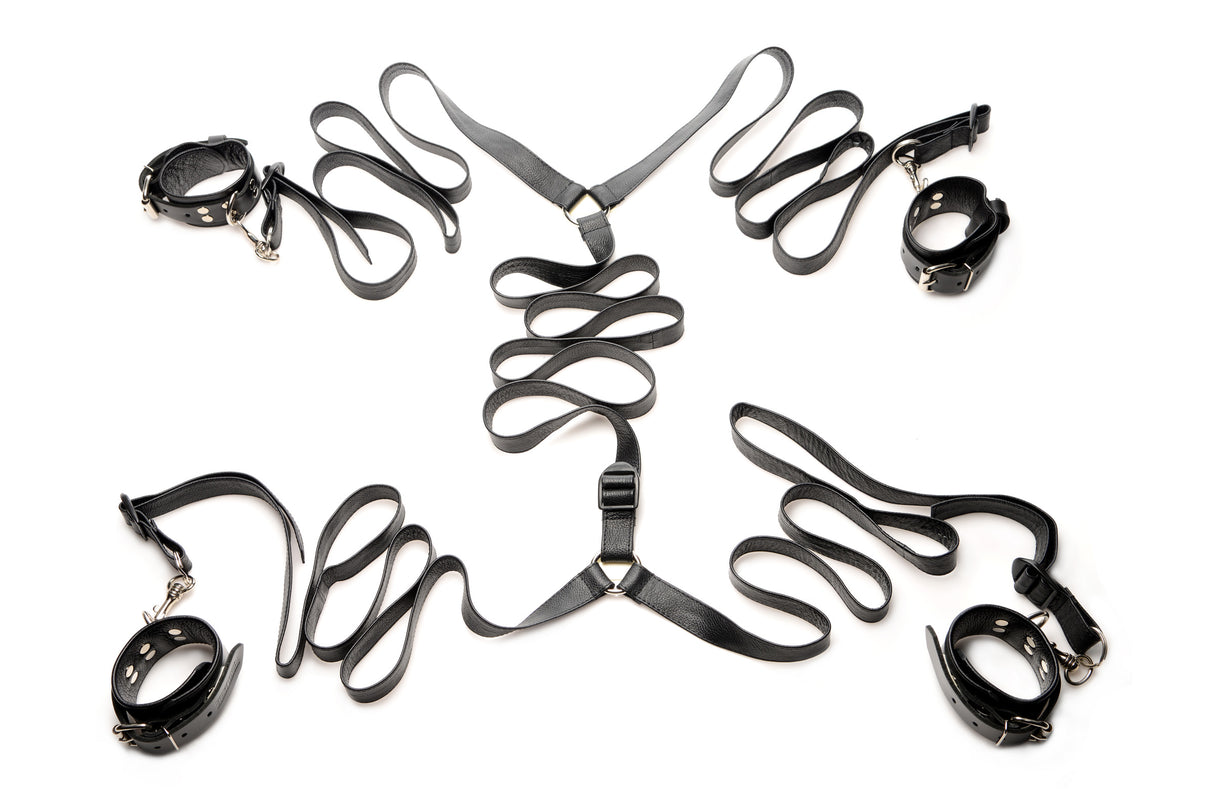 Leather wrist and ankle cuffs of the bed restraint kit with swivel hook clips - BDSM Authority