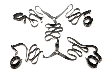 Leather wrist and ankle cuffs of the bed restraint kit with swivel hook clips - BDSM Authority
