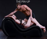 Sex chaise lounge black detail of curved seat and love pillow - BDSM Authority