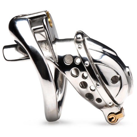 Master Series Entrapment chastity cage showing interchangeable end caps - BDSM Authority