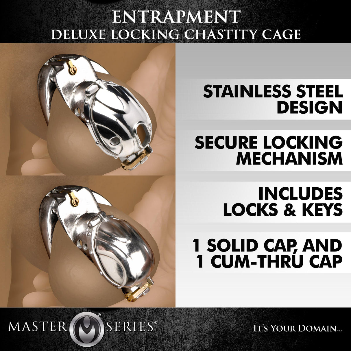 Master Series Entrapment stainless steel locking chastity cage product view - BDSM Authority