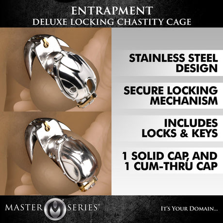 Master Series Entrapment stainless steel locking chastity cage product view - BDSM Authority