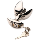 Steel anal plug with the locking keys showing the slim neck and wide base - BDSM Authority