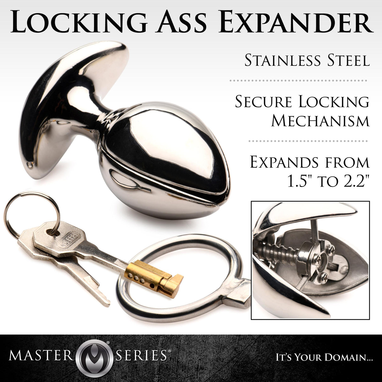Infographic showing the stainless steel locking mechanism that expands from 1.5 to 2.2 inches - BDSM Authority
