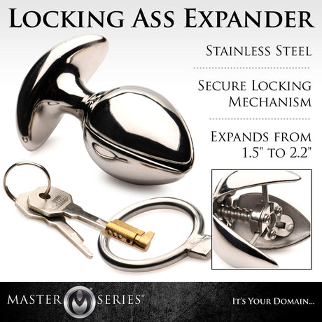 Infographic showing the stainless steel locking mechanism that expands from 1.5 to 2.2 inches - BDSM Authority