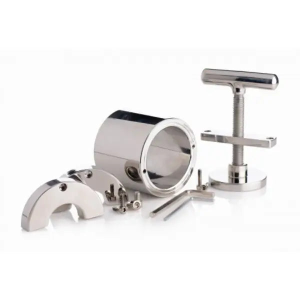 Exploded view of the Ball Press CBT Chamber AC551 showing stainless steel chamber body, compression assembly, fasteners, and adjustment hardware.