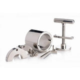 Exploded view of the Ball Press CBT Chamber AC551 showing stainless steel chamber body, compression assembly, fasteners, and adjustment hardware.