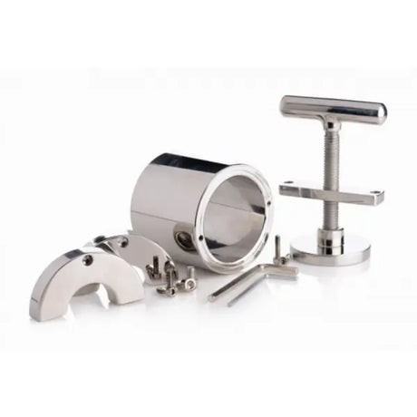 Exploded view of the Ball Press CBT Chamber AC551 showing stainless steel chamber body, compression assembly, fasteners, and adjustment hardware.