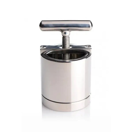 Ball Press CBT Chamber AC551 in polished stainless steel shown from the front with adjustable compression screw and T-handle.