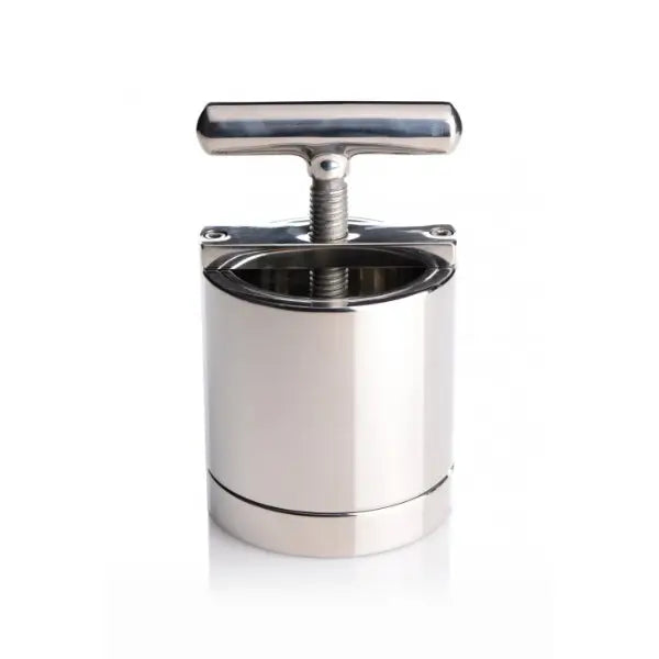 Ball Press CBT Chamber AC551 in polished stainless steel shown from the front with adjustable compression screw and T-handle.