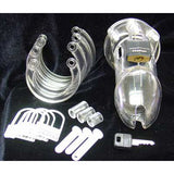 Clear CB-6000S male chastity cage kit with five sizing rings, spacers, locking pins, numbered plastic locks and brass padlock with key - BDSM Authority
