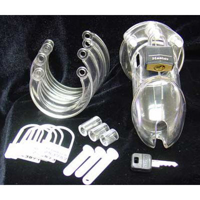 Clear CB-6000S male chastity cage kit with five sizing rings, spacers, locking pins, numbered plastic locks and brass padlock with key - BDSM Authority