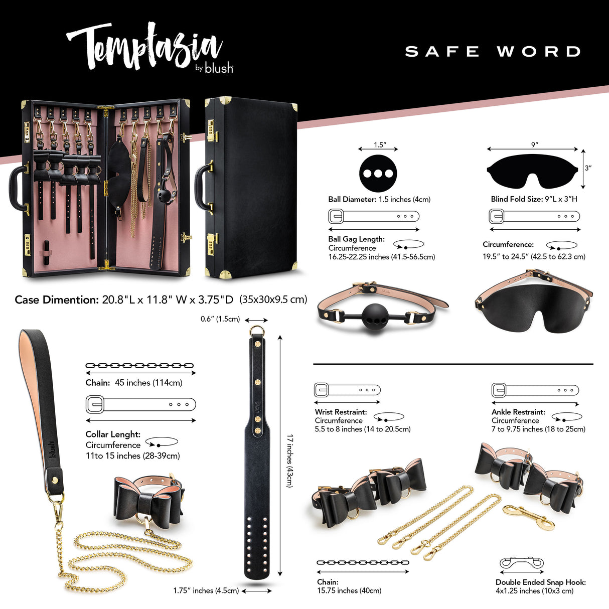 Temptasia Safe Word bondage kit restraints and collar detail at BDSM Authority