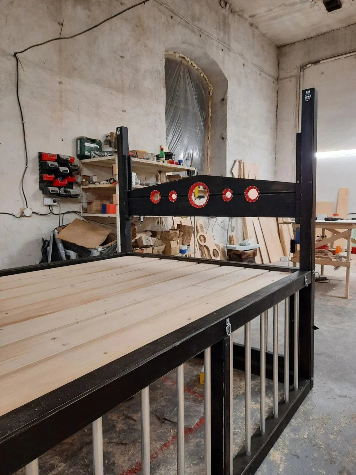 Queen Size BDSM-Inspired Wooden Bed with Restraint Options and Cage