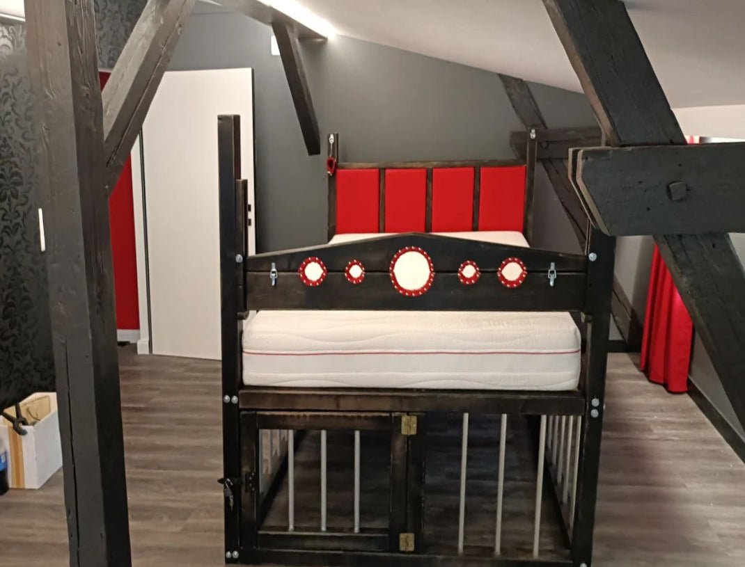 Queen Size BDSM-Inspired Wooden Bed with Restraint Options and Cage