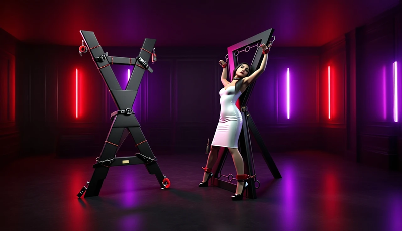 Luxury BDSM X-crosses in a red and purple-lit dungeon room with a woman in a white dress, showcasing premium bondage furniture by BDSM Authority.