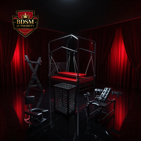 Luxury BDSM furniture collection including bench bed, cage, chair, and cross in an elegant red-lit dungeon room with BDSM Authority logo.