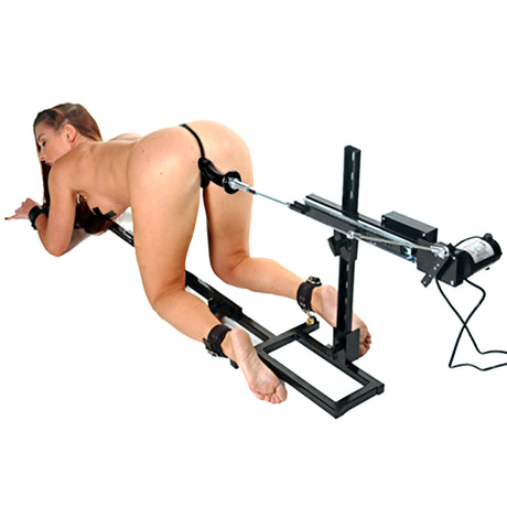 Stockade Sex Machine with rear penetration thrusting machine: steel bondage stockade with adjustable stroke length, premium BDSM dungeon furniture - BDSM Authority