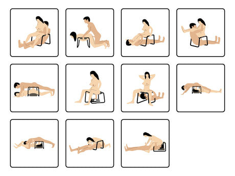 Bangin Bench sex stool position illustrations showing solo and partner setups - BDSM Authority