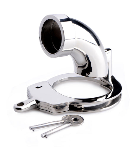 CockCuff stainless steel handcuff-style chastity device product view - BDSM Authority