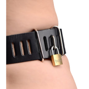 Black leather Strict Leather female chastity belt detail showing the contoured middle strap - BDSM Authority