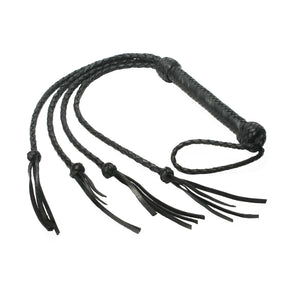 Strict Leather Four Lash Whip in black braided garment leather with four splitting lashes - BDSM Authority