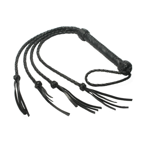 Strict Leather Four Lash Whip in black braided garment leather with four splitting lashes - BDSM Authority