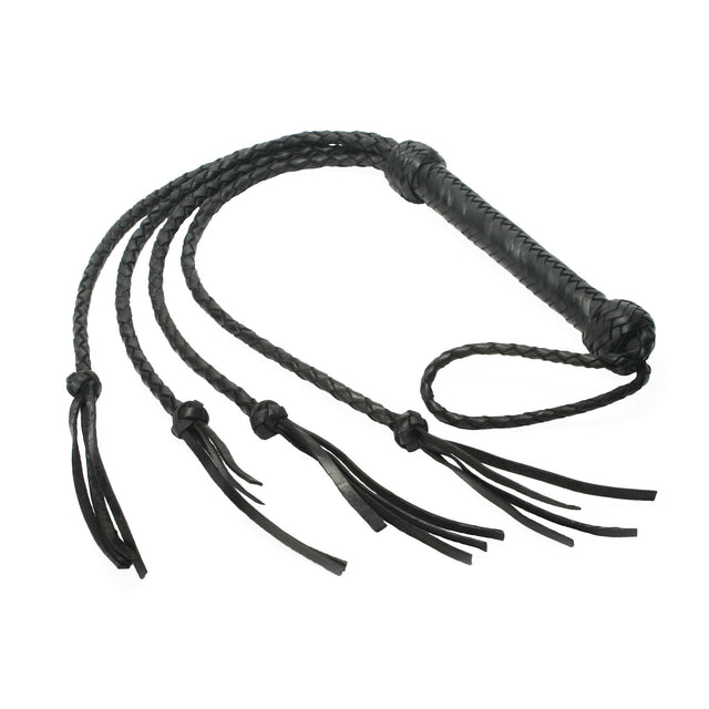Strict Leather Four Lash Whip in black braided garment leather with four splitting lashes - BDSM Authority