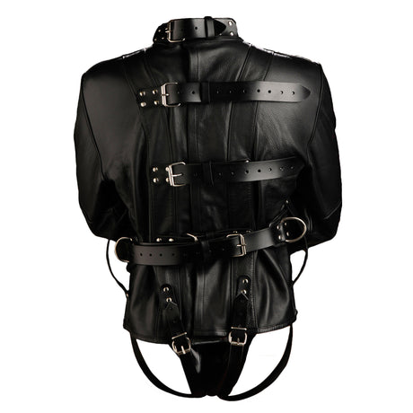 Premium leather straightjacket back product photo on white, BDSM Authority