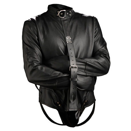 Premium leather straightjacket front product photo on white, BDSM Authority