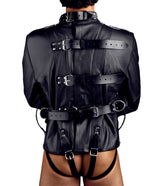 Premium leather straightjacket back view showing belt strap closures