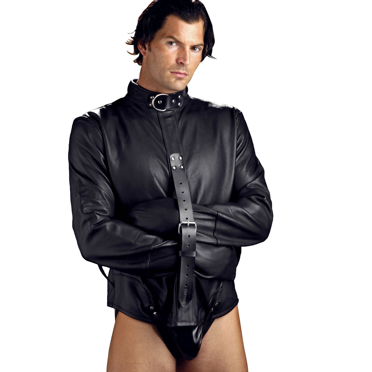 Premium leather straightjacket front view on display model