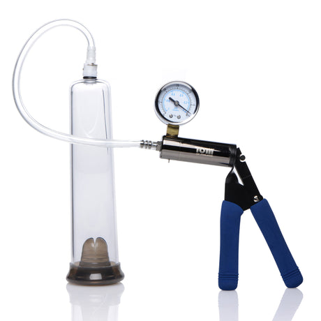 Tom of Finland heavy duty cock pump cylinder, hose, gauge and comfort grip handles laid out - BDSM Authority