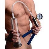 Tom of Finland heavy duty cock pump with clear cylinder, blue comfort grip handle and gauge held by a model - BDSM Authority