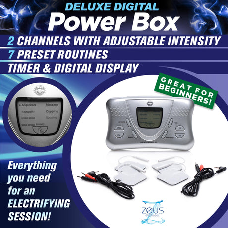 Zeus Deluxe Digital Power Box with pads and leads - BDSM Authority