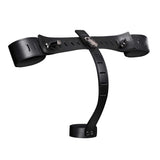 Black leather wrist to cock restraint harness with metal buckles and a curved back strap - BDSM Authority