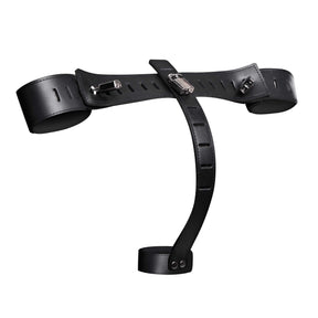 Black leather wrist to cock restraint harness with metal buckles and a curved back strap - BDSM Authority