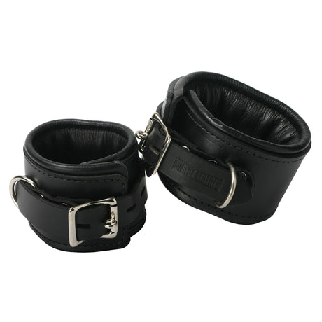 Strict Leather padded black leather ankle restraints with locking buckle - BDSM Authority
